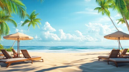 Two beach loungers under umbrellas on a sunny beach with turquoise ocean.