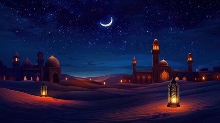 Lanterns in the desert under starry night sky with mosque and crescent moon, Ramadan Kareem illustration, blue background