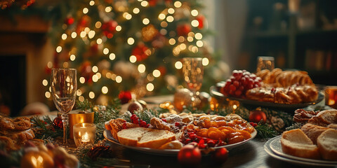 Christmas dinner. Festive dishes on the table. Happy New Year and Merry Christmas. Banner