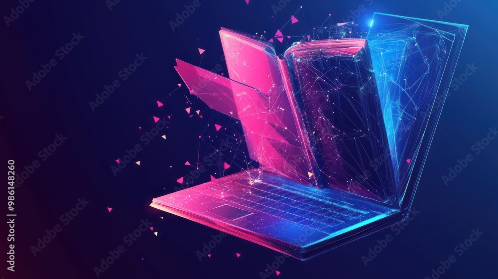 Aufkleber low poly wireframe online education blue background or concept with opened book. digital modern illu
