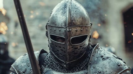 Naklejka premium Man in Medieval Knight's Armor with Heavy Iron Helmet. A Timeless Warrior