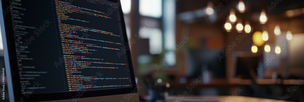 Fototapete Close-up of computer screen displaying colorful lines of code with blurred office background. Modern software development and digital coding environment.