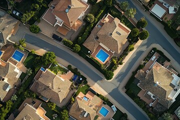 Aerial view of a suburban neighborhood with neatly arranged houses and tree-lined streets.. Beautiful simple AI generated image