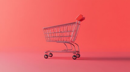 Empty shopping cart with red handle on pink background.
