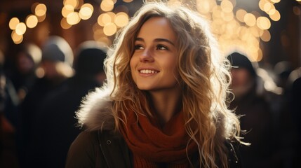 Fototapeta premium Young blonde woman in Christmas season smiling outdoor