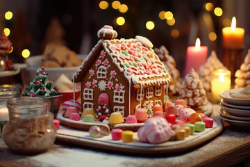 Decorated gingerbread house is surrounded by candy, lit candles cookie with christmas lights in the background. Festive baking