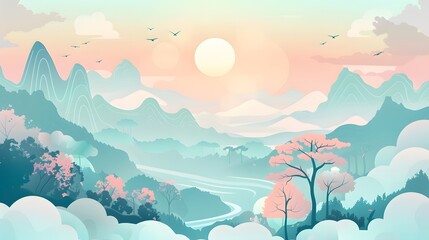 Fototapeta premium Scenic Nature Scene with River and Forest – Vector Art 