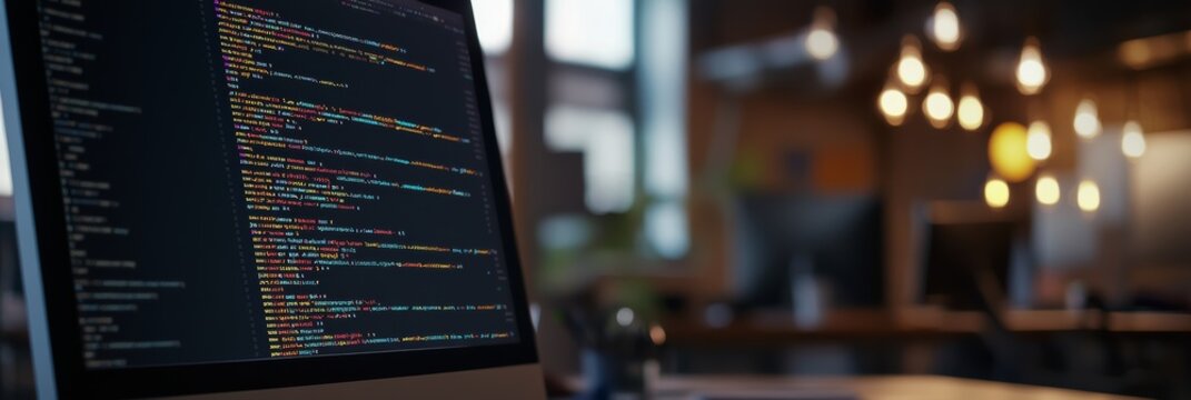 Close-up of computer screen displaying colorful lines of code with blurred office background. Modern software development and digital coding environment.