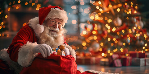 Santa takes a present from his red sack in a cozy Christmas room. Banner