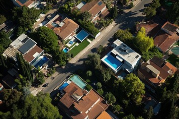 Fototapeta premium Aerial view of suburban neighborhood with single-story homes and trees. Beautiful simple AI generated image