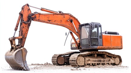 Orange excavator with a large metal bucket on a white background.