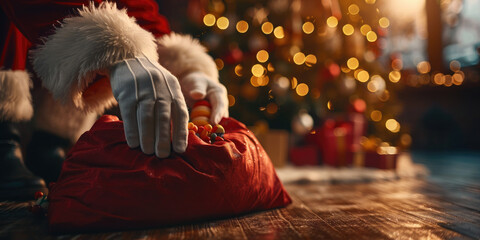 Santa holds his sack of presents in a cozy, festive living room with a twinkling tree and warm fireplace, capturing holiday joy and tradition.