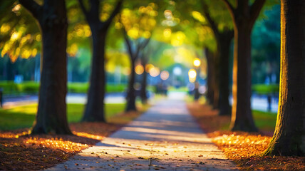 Blurred bokeh of a path through a tranquil park