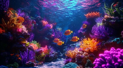 Enchanting Neon Underwater World with Glowing Coral and Colorful Fish in High Detail, Surreal Ocean Scene.