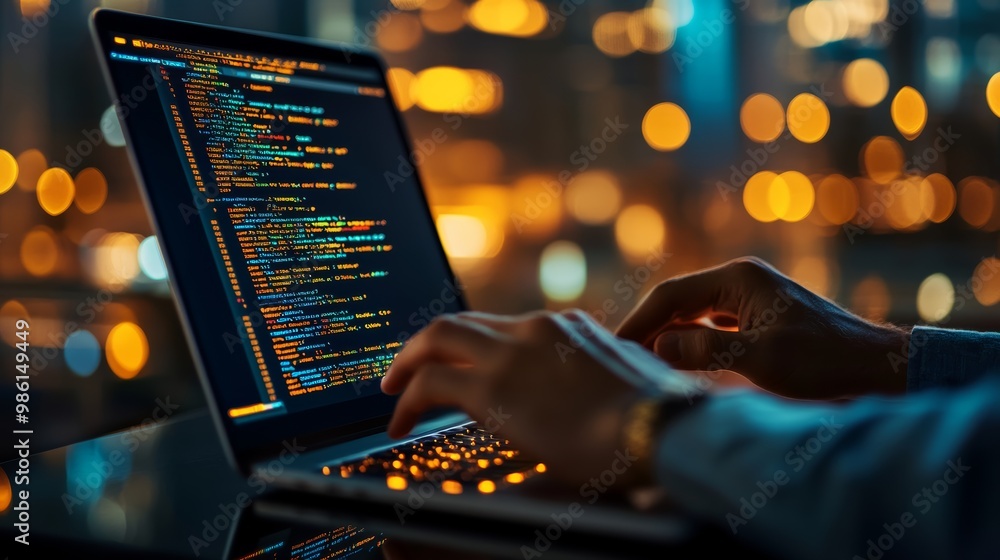 Fototapete Close-up of hands typing code on a laptop in a dark room with bokeh lights. Late-night coding session for software development.