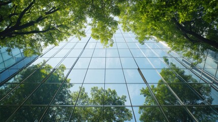 Green trees reflected in a modern glass building.