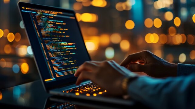 Close-up of hands typing code on a laptop in a dark room with bokeh lights. Late-night coding session for software development.