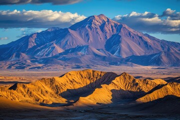 Naklejka premium Dramatic mountain view of massif with Vignemale -the highest peak of the French Pyrenees and glacier in sunset cloudy scenery. Beautiful simple AI generated image