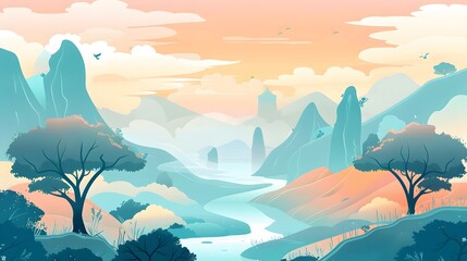 Scenic Mountain View with River and Forest &ndash; Vector Art
