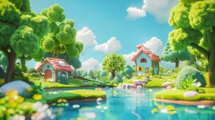 Serene Forest with Quaint Pond and Trees in Bright, Cheerful Colors, Cute Clay Style Animation, Playful Youthful Ambiance, Natural Scenery, Peaceful Environment, Animated Nature Scene