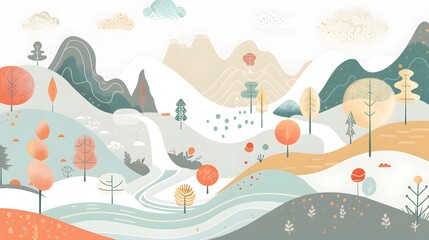 Obraz premium Scenic Mountain View with River and Forest – Vector Art 