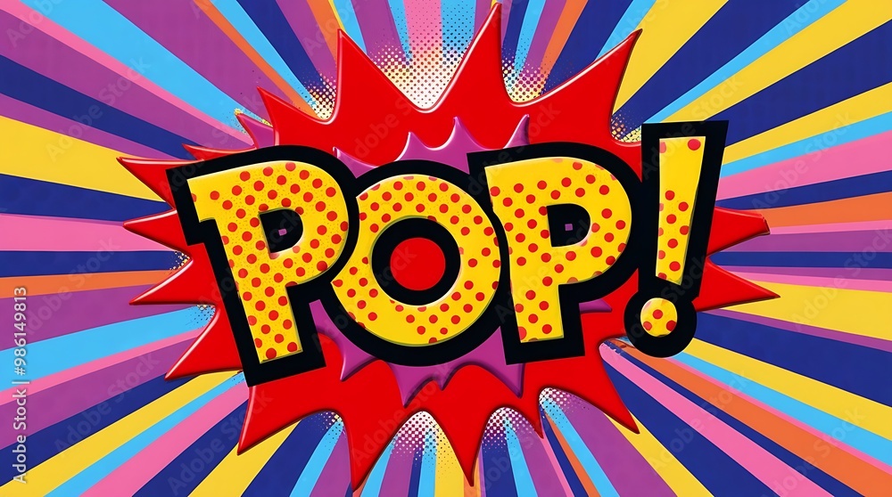 Poster bright comic-style image featuring the word 'pop!' in bold yellow letters with a dynamic burst and c