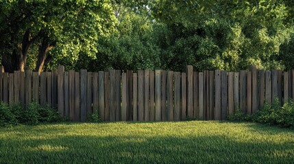Fototapeta premium Rustic wood backyard fence surrounded by green shade trees offers privacy and security