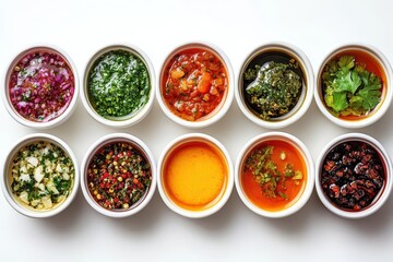 various sauces in bowls top view on white background colorful array of condiments and dips food styling highlighting diversity of flavors and culinary possibilities