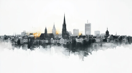 Naklejka premium Bielefeld, Germany, black and white pen pencil hand-drawn effect drawing illustration for travel poster, card, wallpaper, backdrop or banner. Modern, clear, artistic and simple