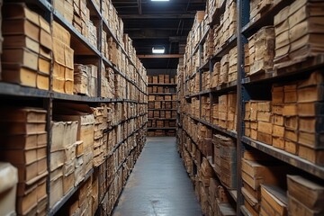 vast warehouse filled with towering shelves of paper documents labyrinthine aisles vintage filing system