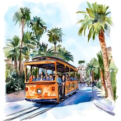 Watercolor Illustration of a Streetcar in a Tropical City.