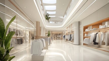 Modern white and gold clothing store interior with a minimalist design and a palm tree.