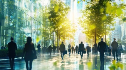 Obraz premium Sustainability in business center concept, business people crowd walking at corporate office in green city downtown, Abstract motion blur image, blurred background, Generative AI