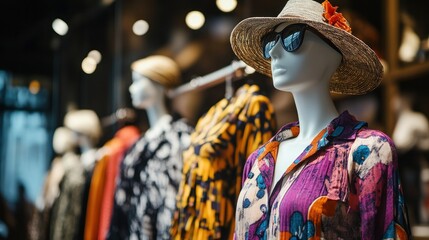 Naklejka premium A mannequin in a colorful printed blouse and a straw hat with sunglasses.