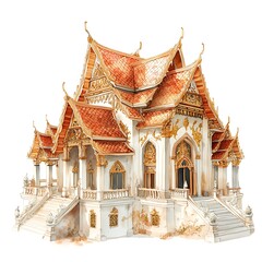 Naklejka premium Watercolor illustration of a traditional Thai temple with intricate details.