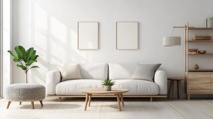 Fototapeta premium This minimalist, scandinavian-inspired living room offers a tranquil, serene atmosphere perfect for unwinding and finding comfort