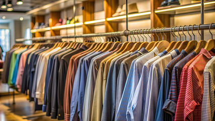 Obraz premium Clothes hanging on hangers in a retail shop, clothing, fashion, retail, store, rack, display, shopping, wardrobe