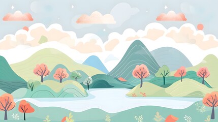 Calm Nature Landscape with River, Trees, and Mountains – Vector