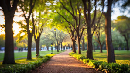 Blurred bokeh of a path through a tranquil park