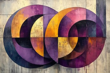 vibrant abstract composition with interlocking purple and yellow geometric shapes evoking modern elegance and creativity clean lines bold contrasts and dynamic spatial relationships