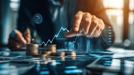 Businessperson's hand interacting with a digital chart showing financial growth with coins and dollar bills on the table.