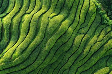 Fototapeta premium Expansive green field with flourishing plants under a clear, blue sky, photo-realistic landscape emphasizing vivid colors and details. Beautiful simple AI generated image