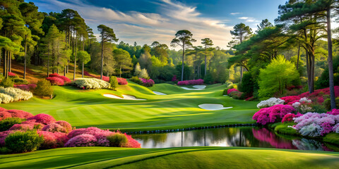 Scenic view of Augusta National Golf Course with lush green fairways and blooming azaleas, Augusta National, golf course