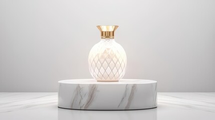 Elegant decorative vase featuring a diamond pattern, displayed on a marble pedestal in a soft, minimalist setting.