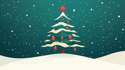Simple Christmas tree with red and green decorations, flat design illustration