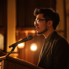 Side view of a preacher speaking with passion during a sermon, microphone in hand