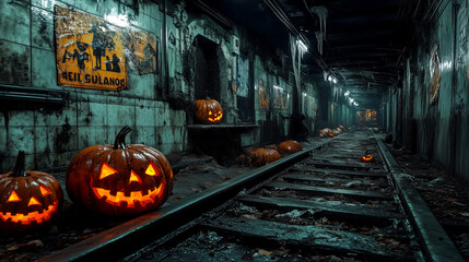 A spooky abandoned subway station, Halloween ads on the walls, pumpkin lanterns on the tracks, and mesmerizing underground lighting.