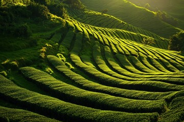 Fototapeta premium Expansive green field with flourishing plants under a clear, blue sky, photo-realistic landscape emphasizing vivid colors and details. Beautiful simple AI generated image