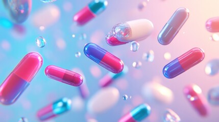 Colorful capsules levitating against a pink and blue background.
