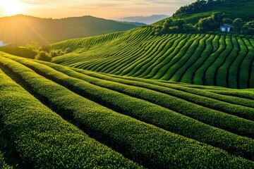 Fototapeta premium Expansive green field with flourishing plants under a clear, blue sky, photo-realistic landscape emphasizing vivid colors and details. Beautiful simple AI generated image